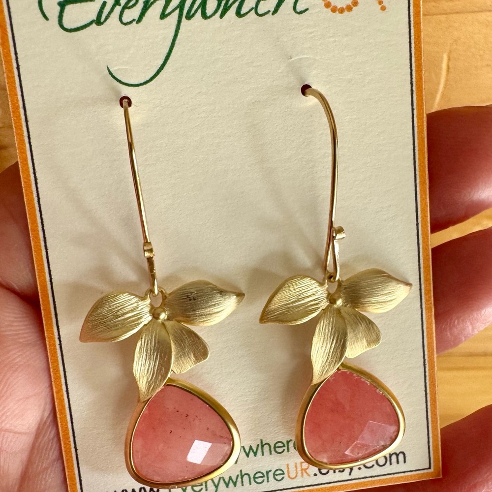 Romantic Gold and Pink gemstone Petal Earrings. 14k Gold filled and gold plated